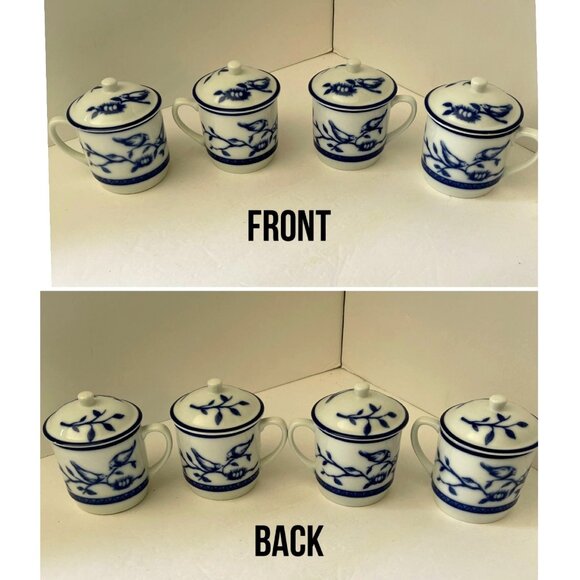 Williams Sonoma Covered 7 oz Mug Set of 4 Blue White Nesting Birds HTF - Picture 1 of 12
